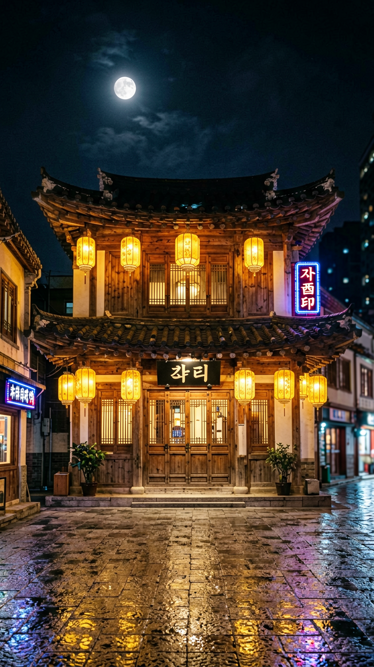 德鲁纳酒店2019韩国奇幻剧，首尔夜晚古典韩式酒店外观，月亮高挂，金色灯笼与现代霓虹对比