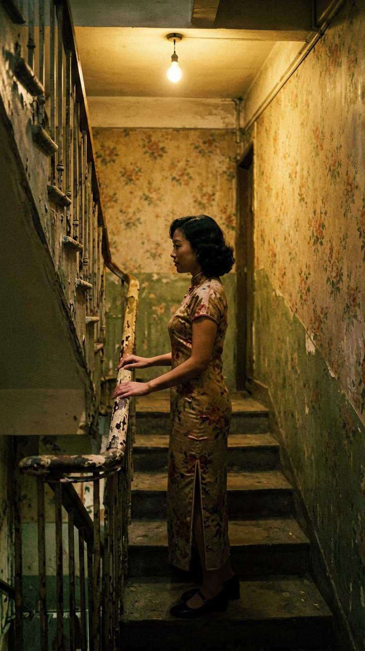 花样年华2000香港文艺片，1960年代上海式公寓楼道，旗袍女性侧影手扶楼梯，钨丝灯暖光