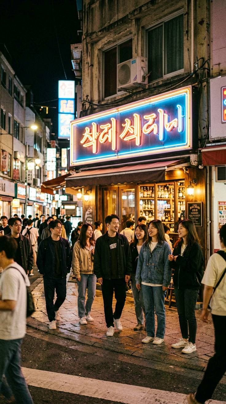 梨泰院Class2020韩国剧集，首尔梨泰院街道夜晚小酒吧霓虹灯招牌，街头人流真实街拍风格
