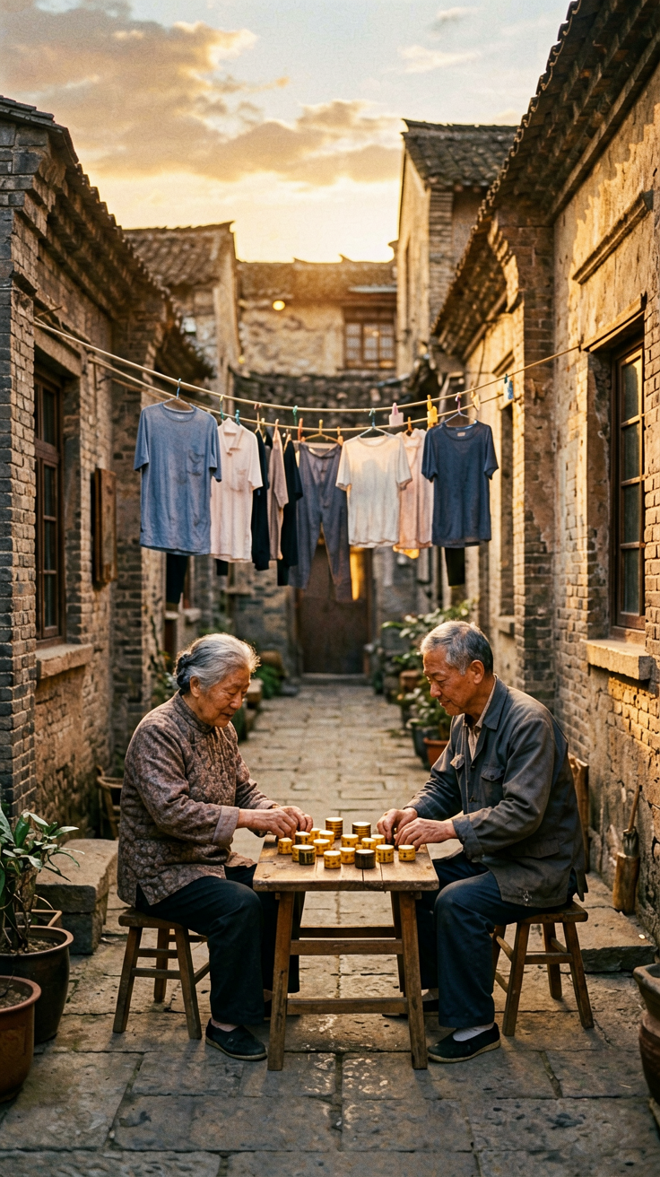 功夫2004香港动作喜剧，上海弄堂石库门老旧院子，破损墙面，午后阳光切割阴影，胶片颗粒