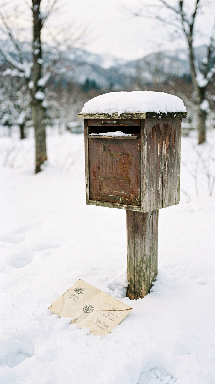 情书1995日本，北海道小樽冬日雪景旧式木制邮箱，信封落在积雪上，胶片浅景深怀旧日系