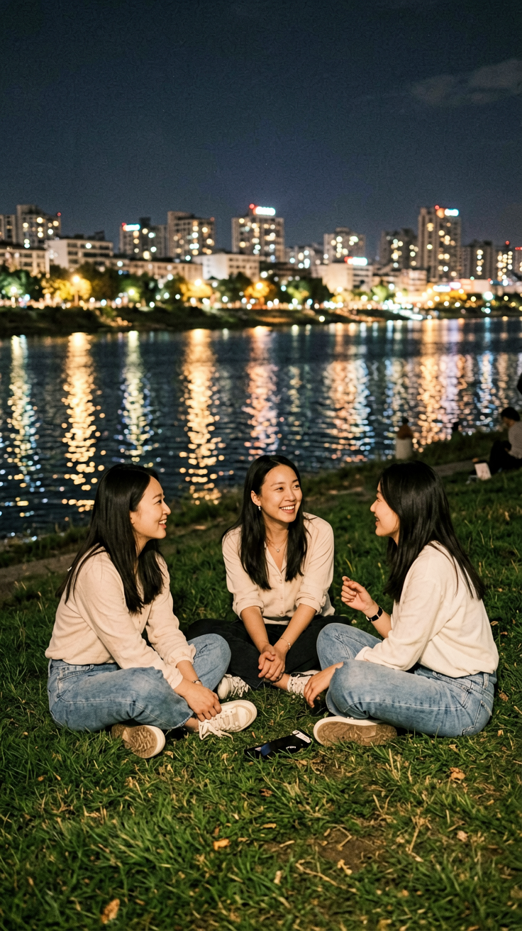 浪漫的体质2019韩国爱情喜剧，首尔汉江边夜晚三个女生坐在草地聊天，城市灯光倒影水面轻松自然