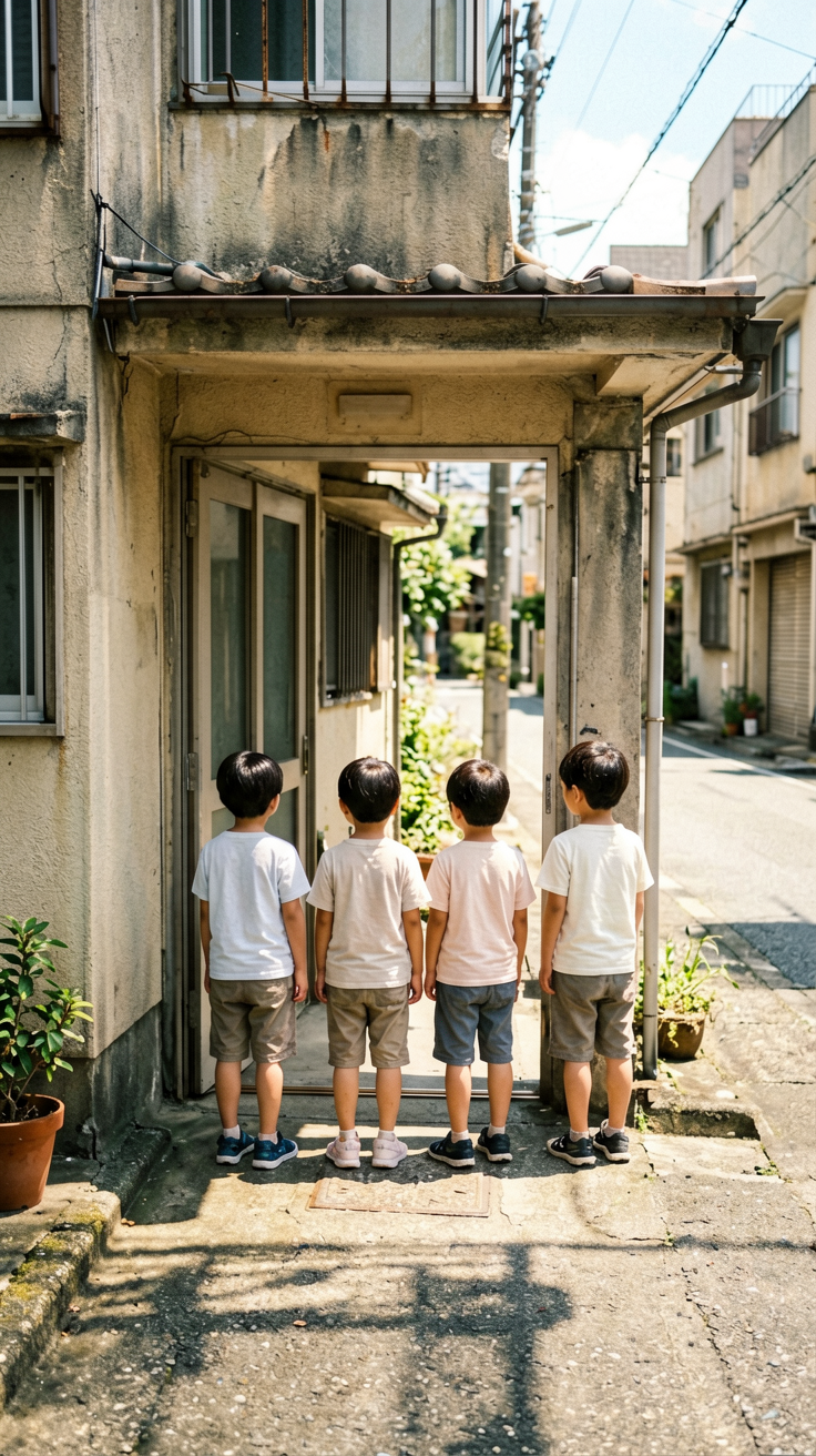 无人知晓2004日本，东京老旧公寓楼道口四个小孩望向街道，夏日午后强烈光影纪录片风格