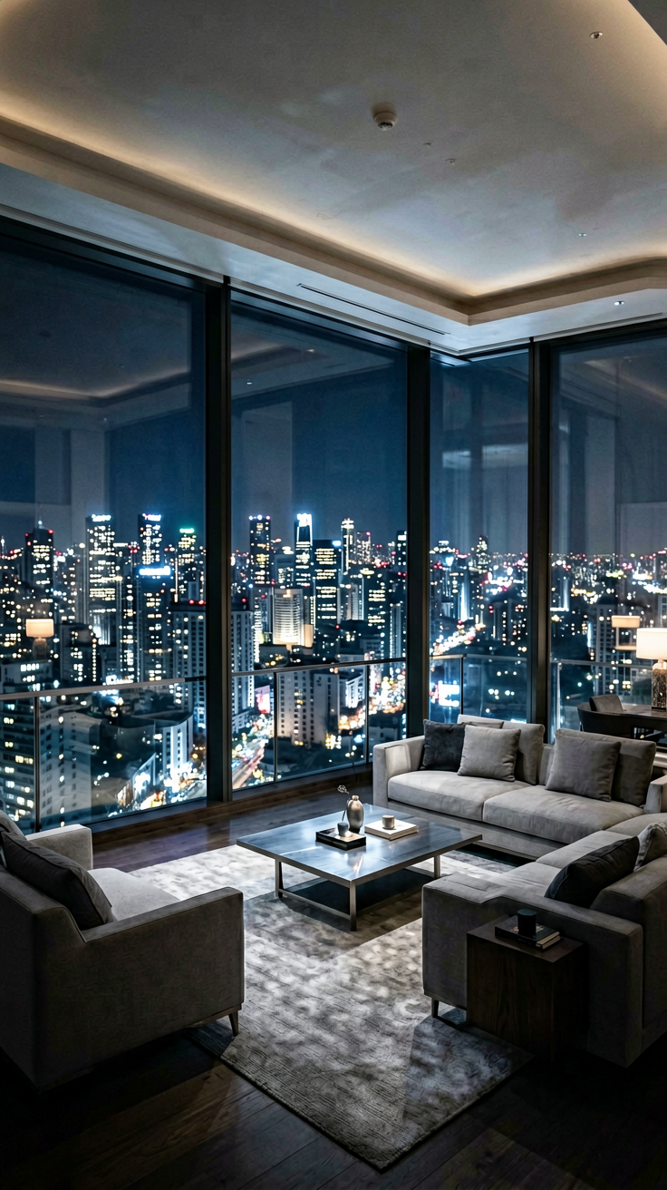 顶楼2020韩国剧集，首尔豪华高层落地窗夜景，城市灯光全景，室内奢华家具冷光倒影，高对比度