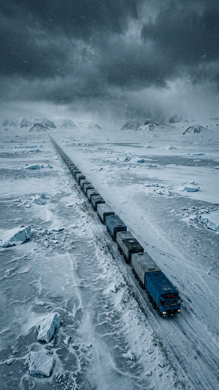 雪国列车2013科幻动作片，极地暴风雪中一列长车疾驰冰原，俯拍全景蓝灰冷峻色调